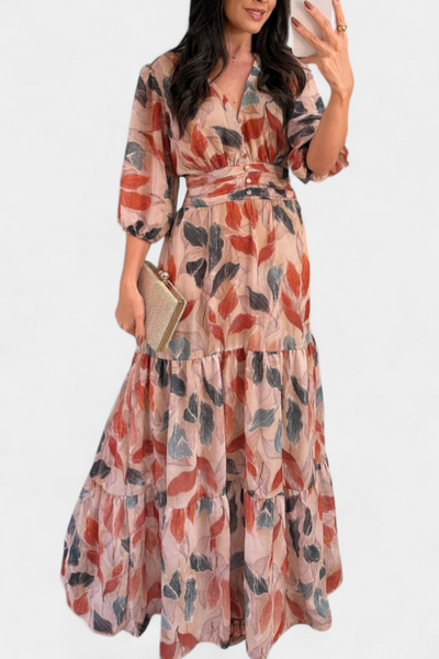 Aísha Vestido Largo Floral con Corte Suelto y Diseño de Hojas