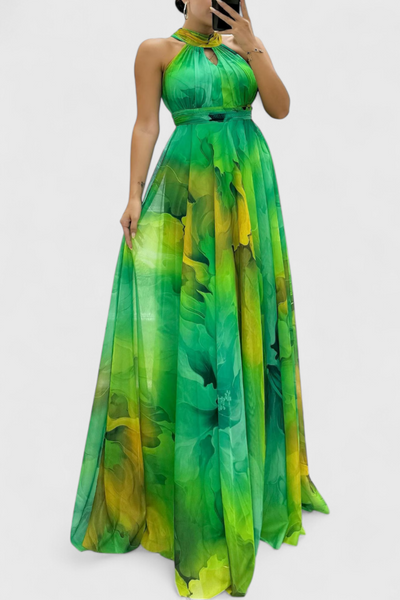 Vestido Maxi de Gasa Caprice con Estampado Floral y Cuello Halter