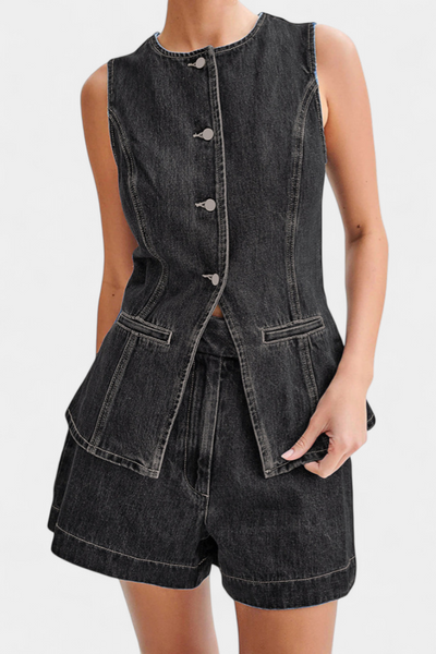 Chaleco Denim Sin Mangas Raya y Shorts de Cintura Alta
