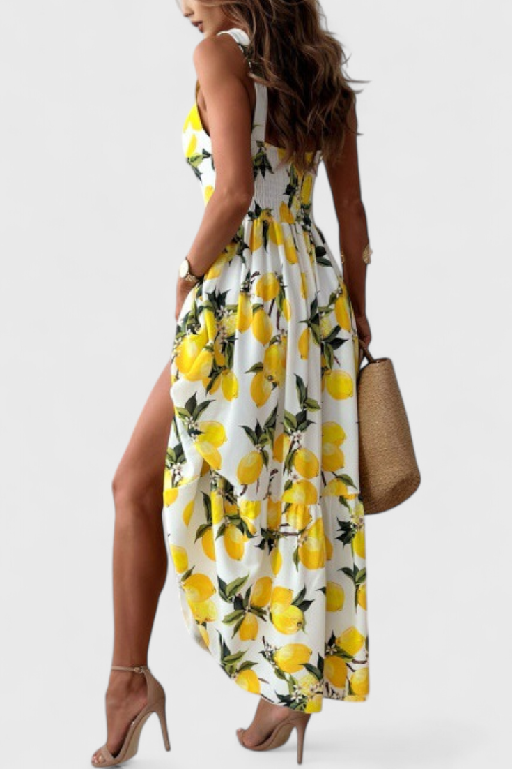 Huda Vestido Maxi de Limones con Tirantes y Abertura Lateral