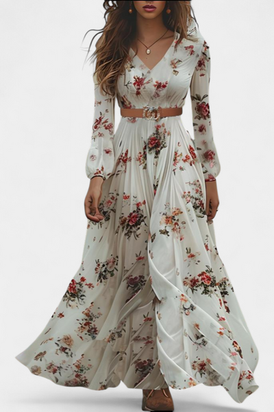 Vestido Maxi Floral Amanda con Cuello en V y Mangas Largas