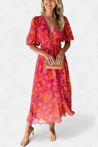 Vestido Midi Floral Wren con Escote en V y Mangas Abullonadas