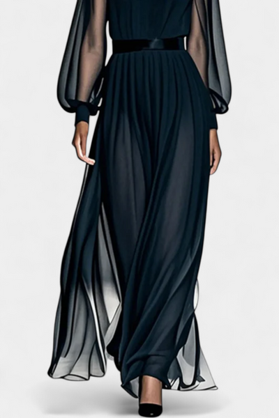 Aurelia Vestido Maxi de Gasa Plisada con Detalles Transparentes
