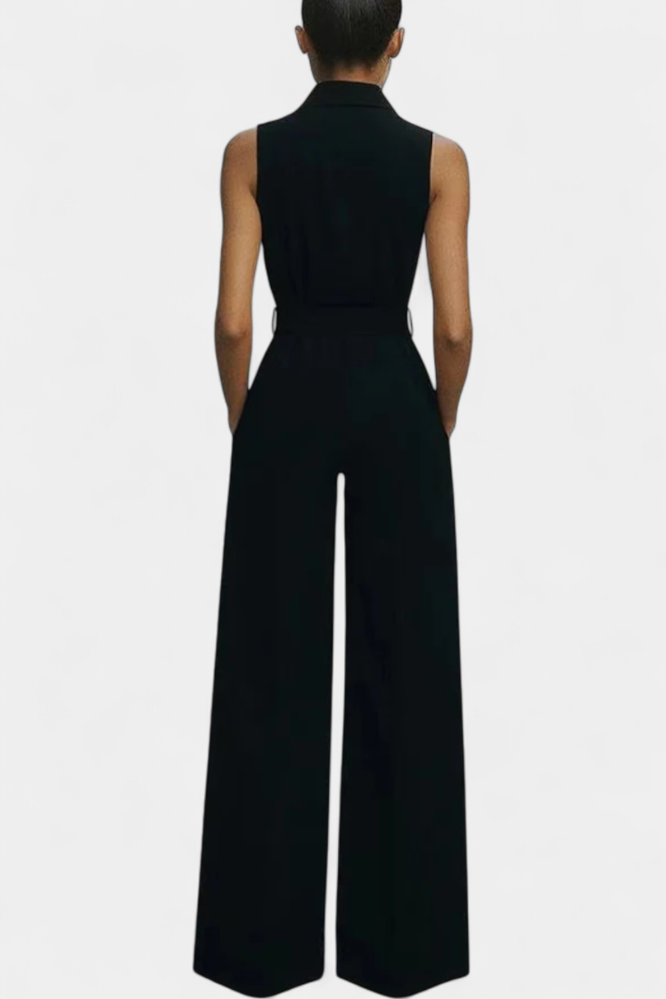Ariella Mono Casual de Pierna Ancha con Solapa y Cintura Elevada
