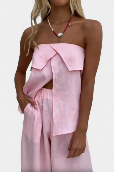 Oriana Conjunto Sin Tirantes con Falda Abierta en Color Sólido