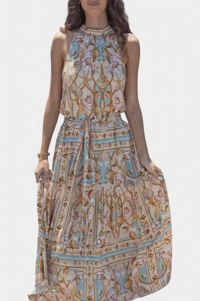 Vestido Largo Silky Teófila con Estampado de Tesoros Marinos