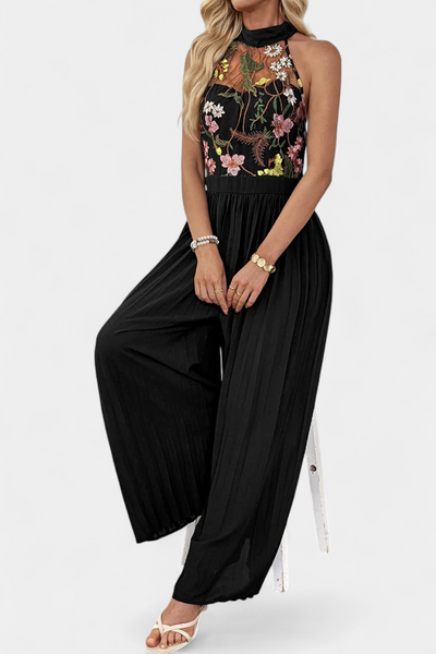 Mono Palazzo Maruja con Bordado Floral y Detalles de Encaje Transparente