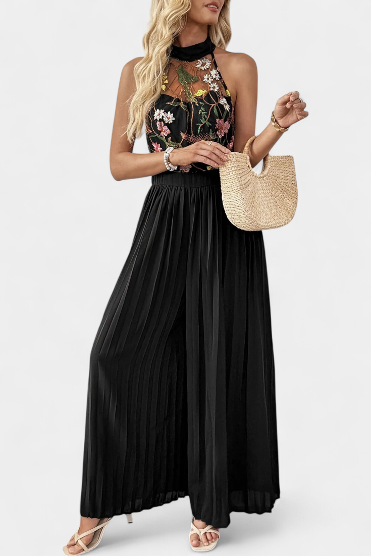 Mono Palazzo Maruja con Bordado Floral y Detalles de Encaje Transparente