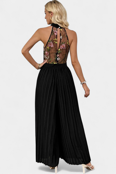 Mono Palazzo Maruja con Bordado Floral y Detalles de Encaje Transparente