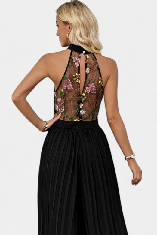 Mono Palazzo Maruja con Bordado Floral y Detalles de Encaje Transparente