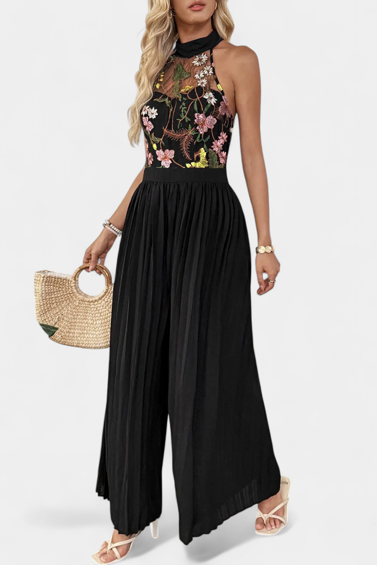 Mono Palazzo Maruja con Bordado Floral y Detalles de Encaje Transparente