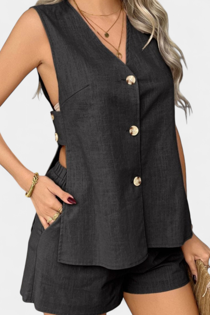Loren Conjunto de Lino Sin Mangas de Corte Casual