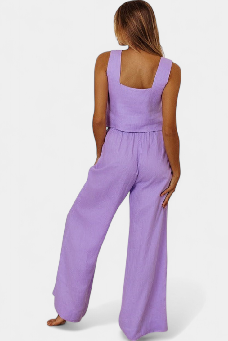 Pascuala Conjunto de Lino de Dos Piezas: Blusa Sin Mangas y Pantalón Fluido