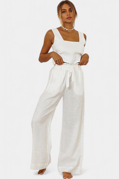 Pascuala Conjunto de Lino de Dos Piezas: Blusa Sin Mangas y Pantalón Fluido