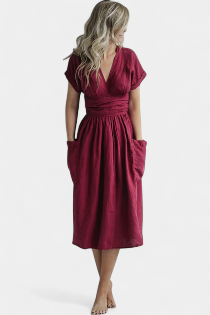 "Cressida Vestido de Algodón con Escote en V y Cintura Ajustable" can be rewritten as: "Vestido de Algodón Cressida con Escote en V y Cintura Ajustable".