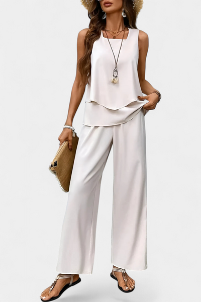 Conjunto Boho Chic Martina: Top Sin Mangas y Pantalón Recto Estampado