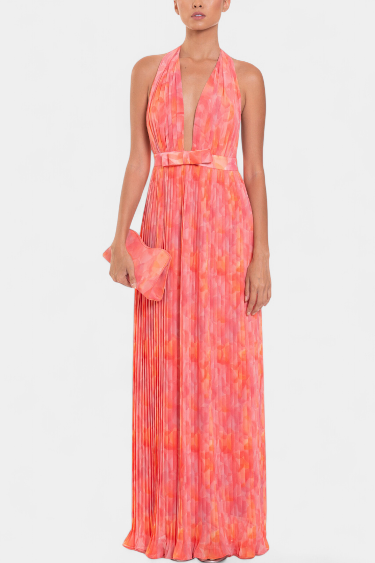 Vestido Maxi Plisado Prisca con Espalda Abierta y Cuello Halter