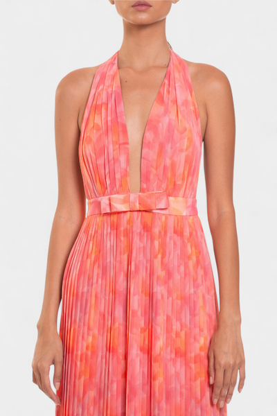 Vestido Maxi Plisado Prisca con Espalda Abierta y Cuello Halter