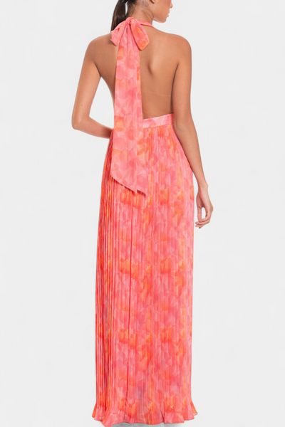 Vestido Maxi Plisado Prisca con Espalda Abierta y Cuello Halter