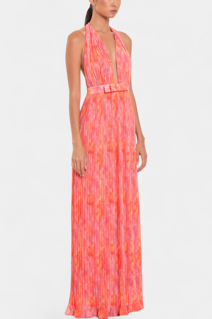 Vestido Maxi Plisado Prisca con Espalda Abierta y Cuello Halter