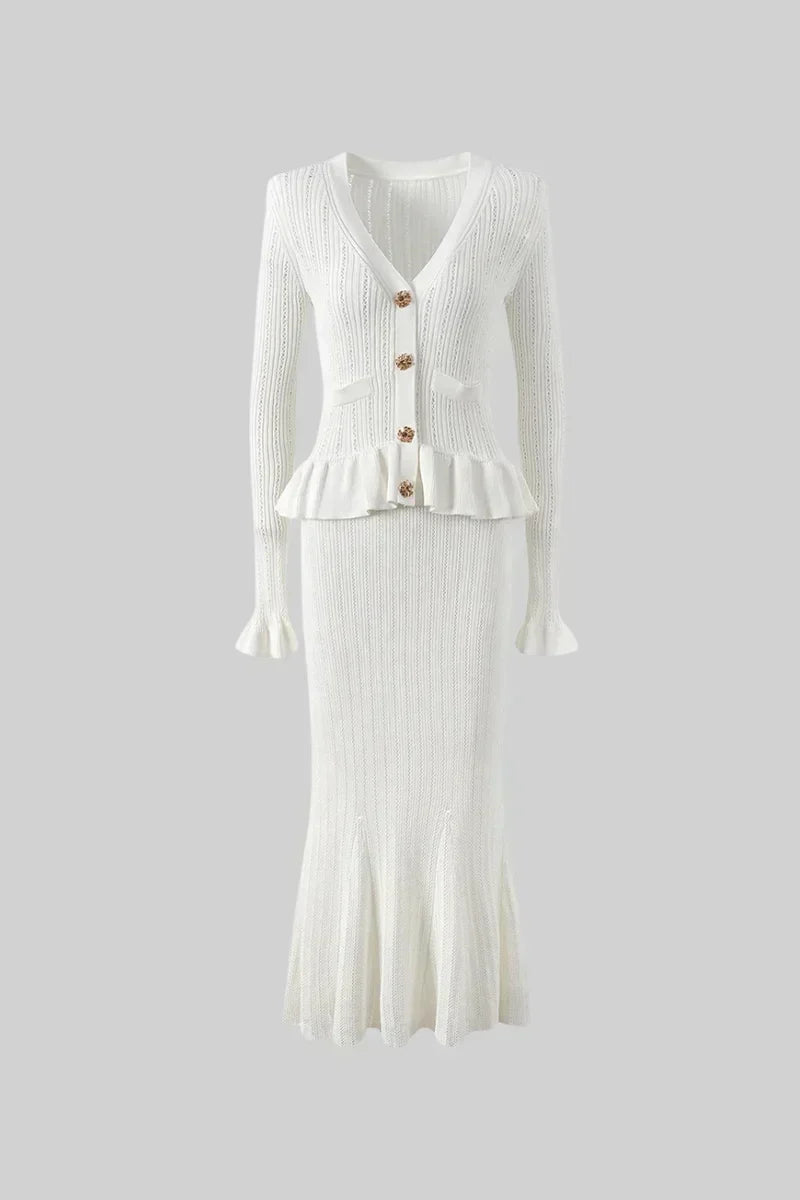 Prudence Conjunto de Vestido Midi de Punto Elegante con Top de Botones