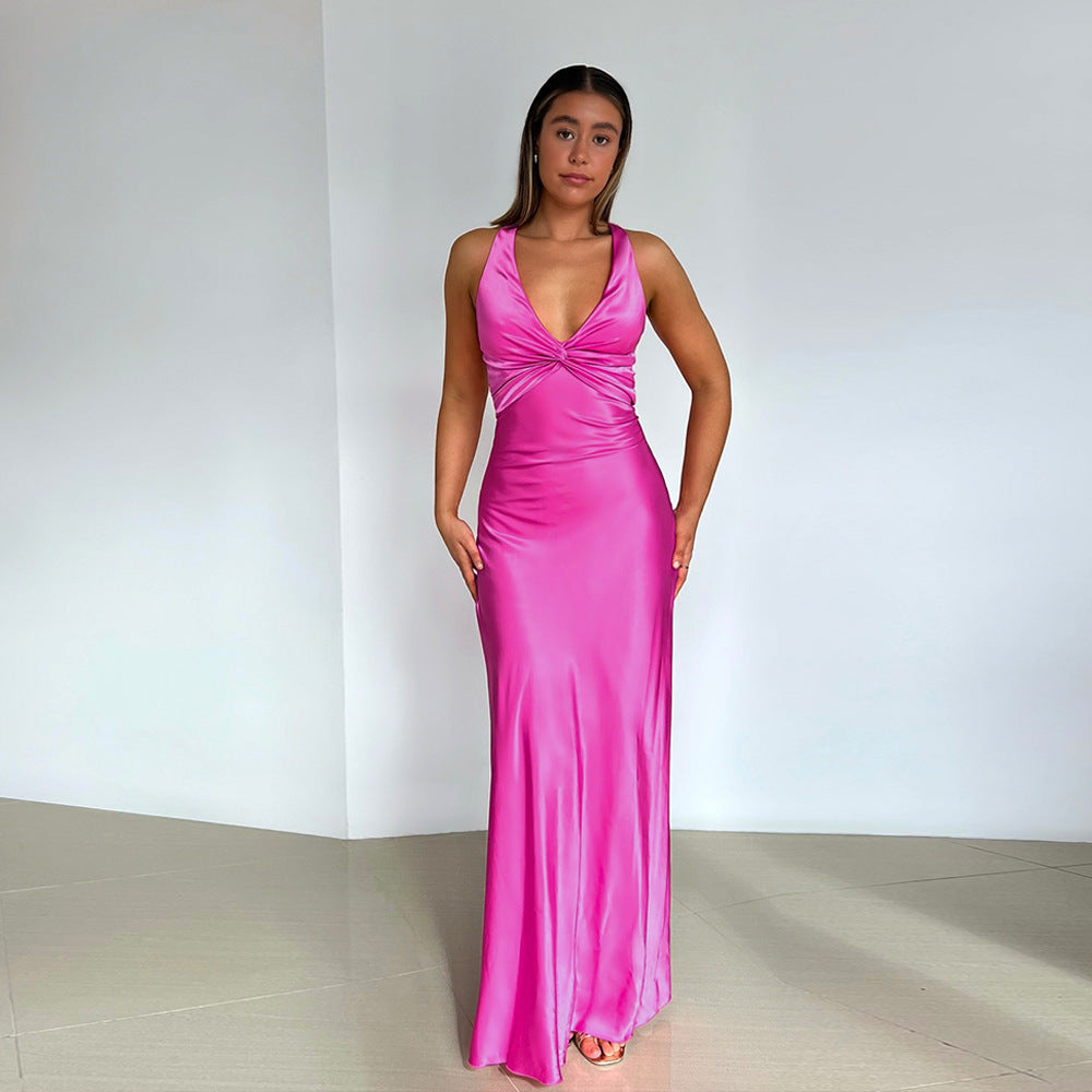 Alessara™ Vestido Maxi Satinado con Espalda Descubierta